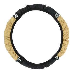 Black & Beige Faux Leather Bling Rhinestone Steering Wheel Cover 14.6"-15" New